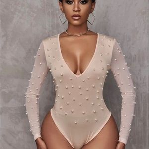 Light Peach Long Sleeve Bodysuit Studded with Pearls Medium NWOT